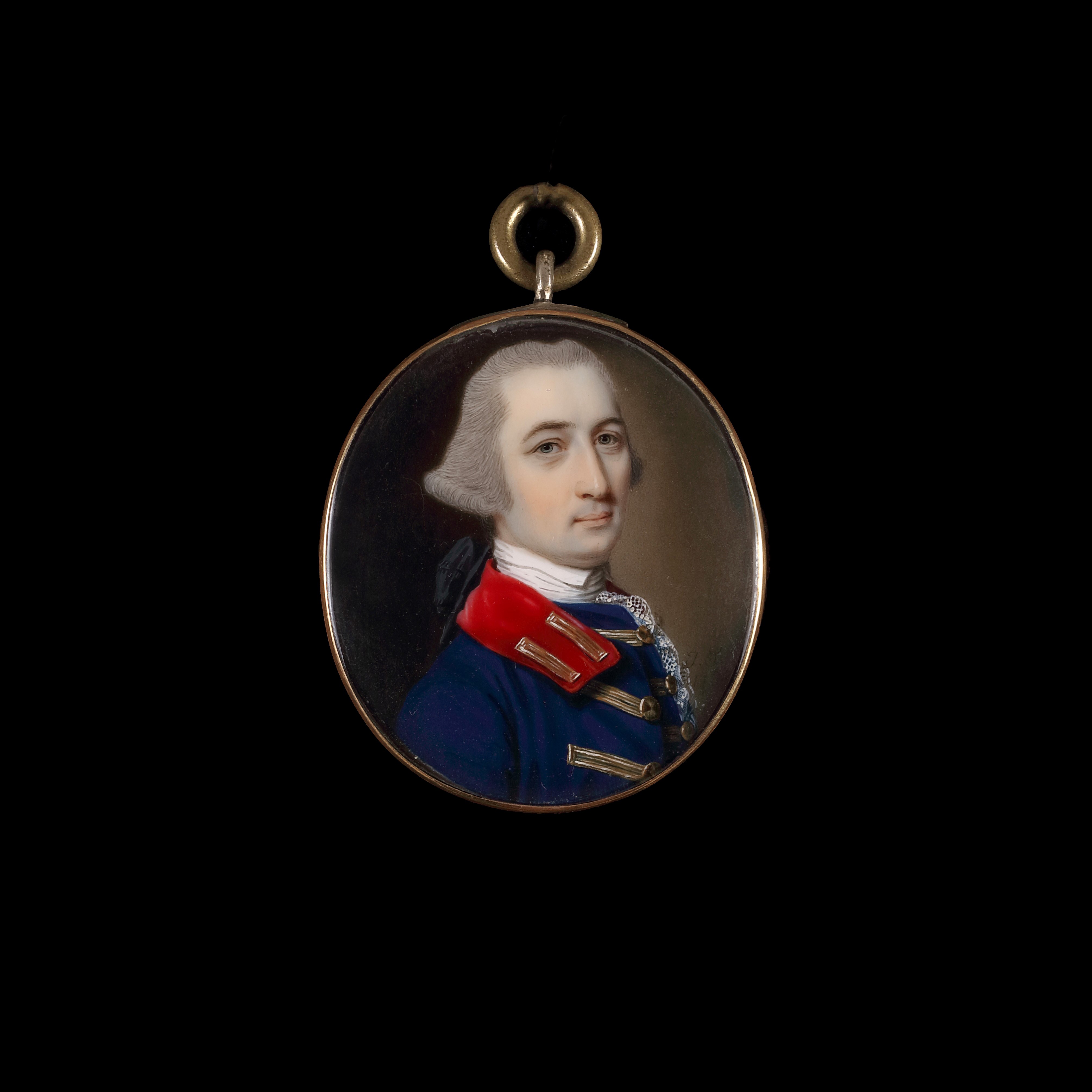 Portrait miniature of a Gentleman, 'possibly' George Phillips Towry (1729-1817), wearing a blue coat with scarlet collar and gold lacing, a white shirt, the collar turned over a white stock, and a lace jabot, his hair worn 'en queue'